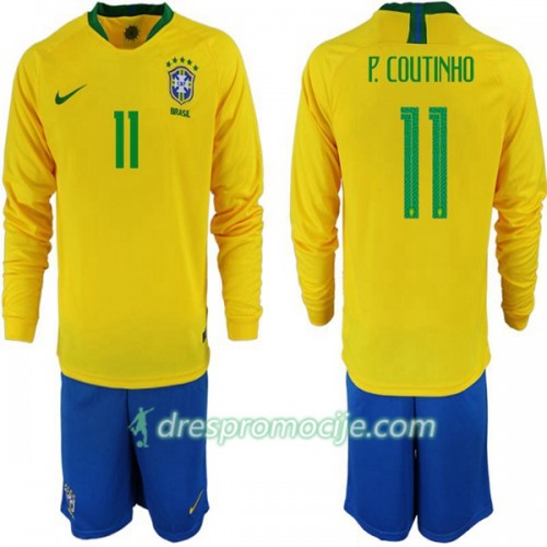 Brazil Dres P. Coutinho 11 Dječji Domaći Svjetsko prvenstvo 2018 Dugim Rukavima Brazil Dres P. Coutinho 11 Dječji Domaći Svjetsko prvenstvo 2018 Dugim Rukavima